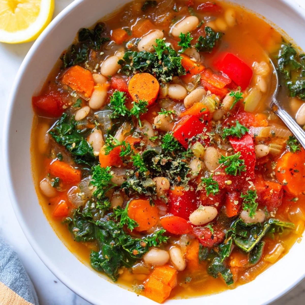 Hearty Mediterranean White Bean Stew served warm, perfect for a cozy vegetarian dinner.