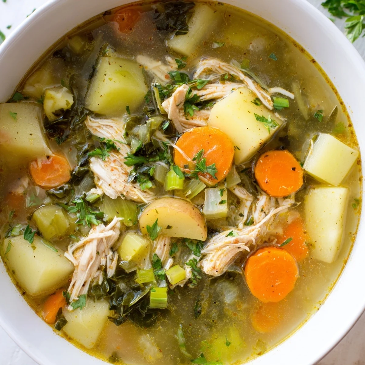 Collard Greens, Chicken and Vegetable Soup steaming in a rustic bowl, featuring tender shredded chicken, diced potatoes, and bright greens in a savory broth.