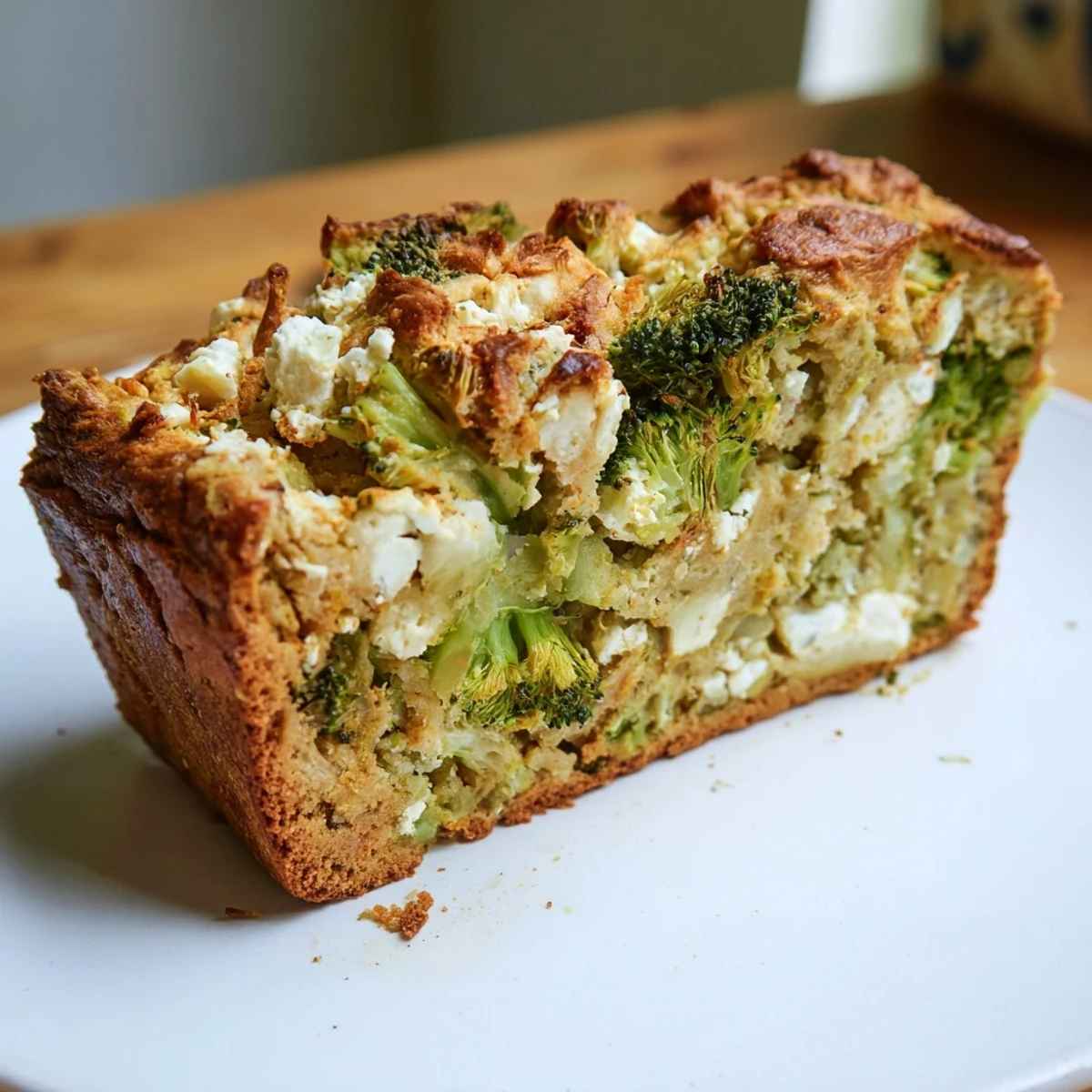 Freshly baked Broccoli and Feta Loaf slices on a wooden cutting board, featuring golden crust and visible green broccoli florets and creamy cheese crumbles.  