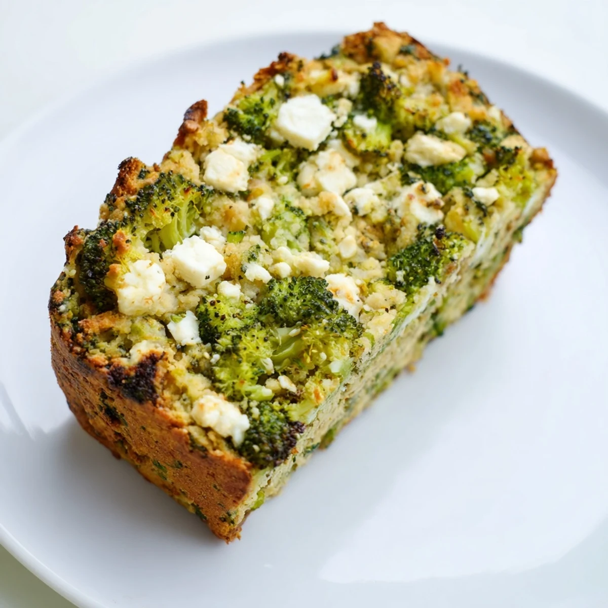 Slice of Broccoli and Feta Loaf served on a white plate, perfect with a bowl of tomato soup for a Mediterranean-inspired light lunch.