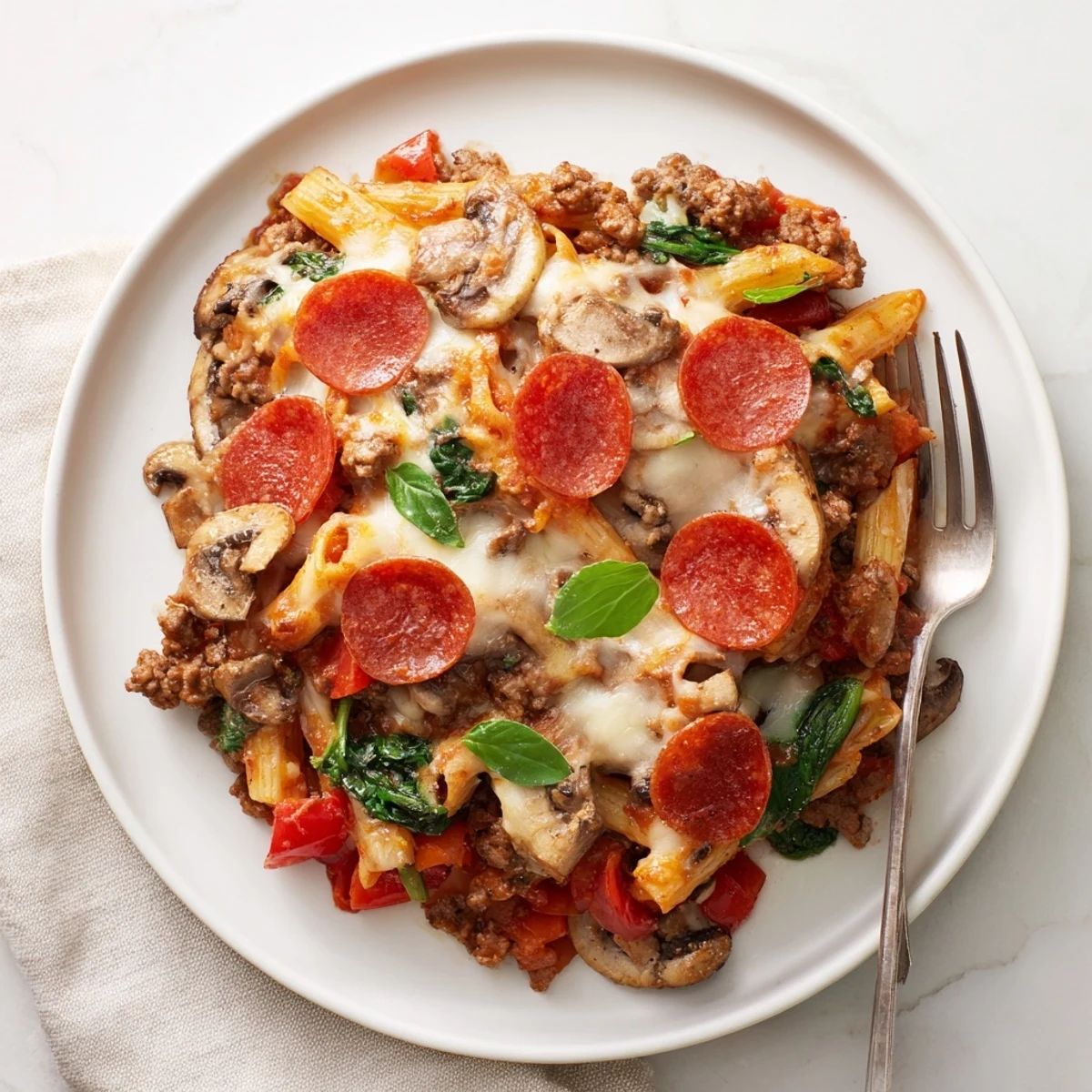 Steaming high protein Italian beef and pasta bake with melty mozzarella and fresh basil garnish.