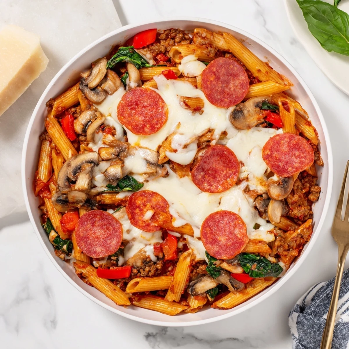 Serving the hearty, pizza-inspired beef pasta bake with a crisp side salad for family dinner.