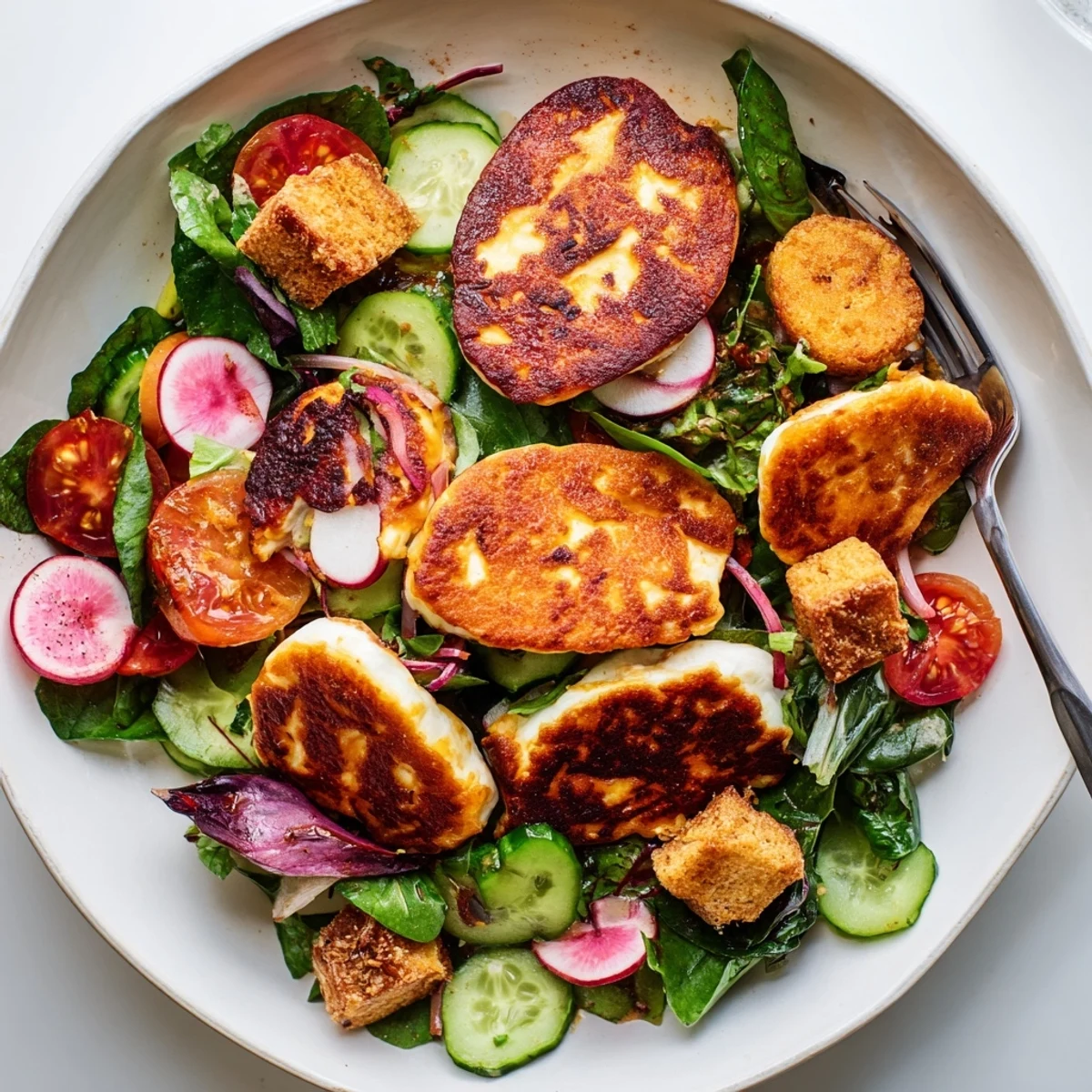 Golden-fried halloumi and vibrant blood orange slices rest atop mixed greens in this Halloumi Blood Orange Fattoush salad.