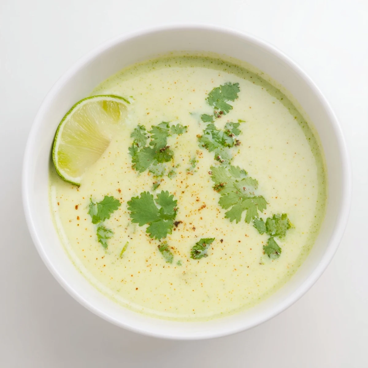 A bowl of creamy Spinach Coriander Lemongrass Soup garnished with cilantro and lime wedges.  