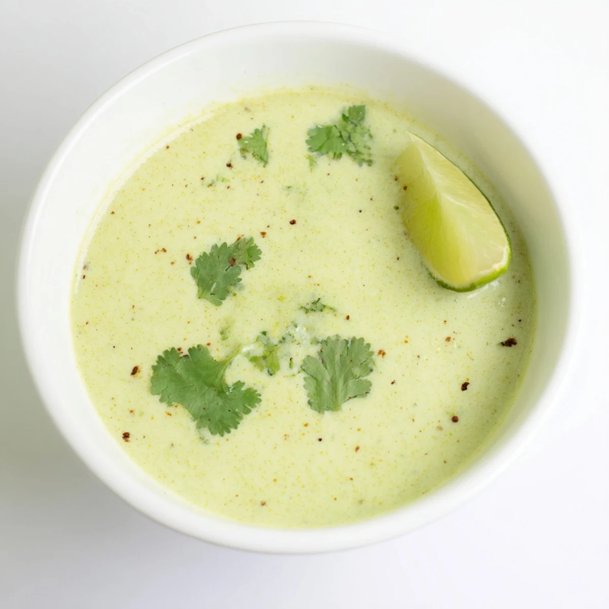 Fresh Spinach Coriander Lemongrass Soup served in a rustic bowl, garnished with cilantro and a lime wedge.