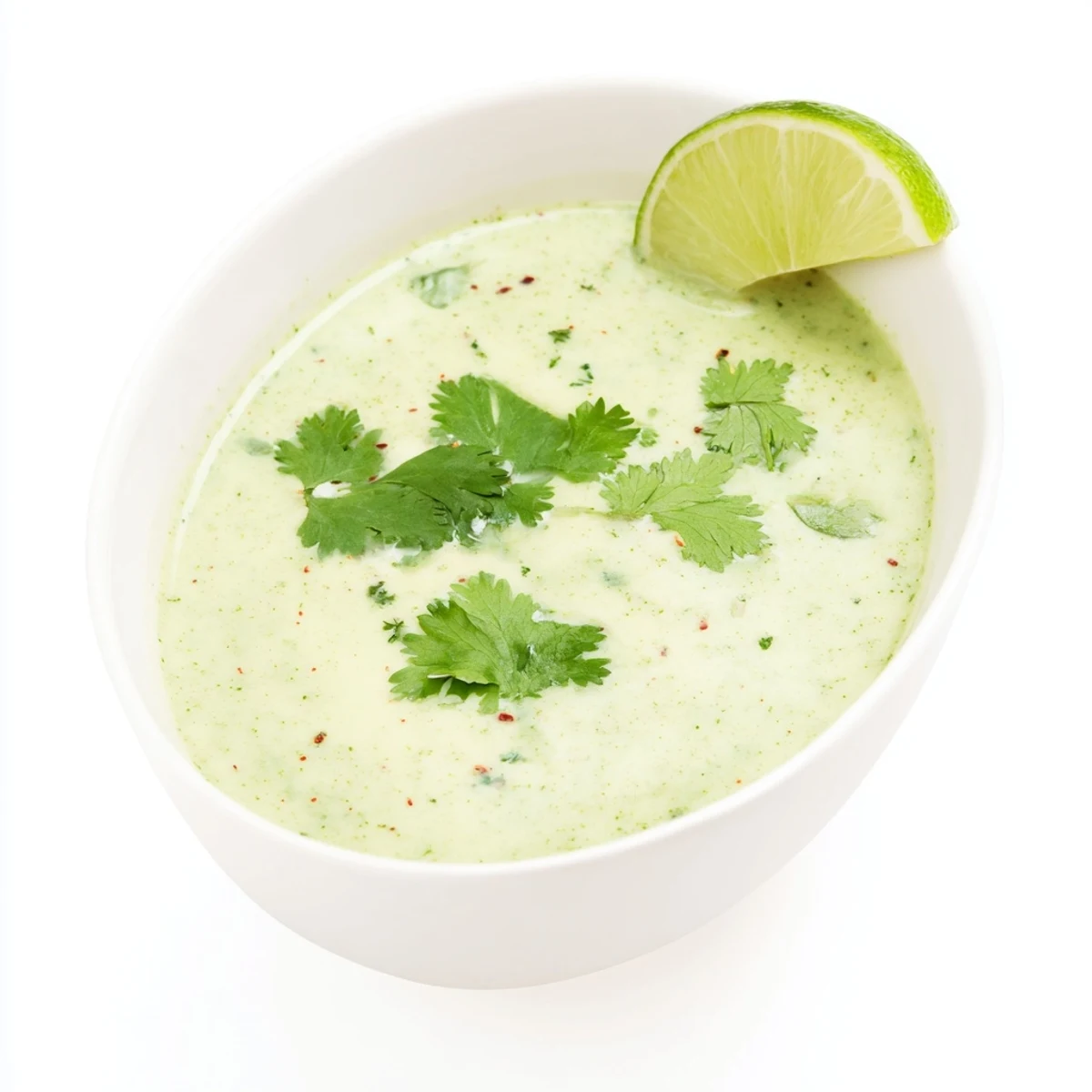 Vibrant green Spinach Coriander Lemongrass Soup poured from a pot, steam rising in a cozy kitchen.  