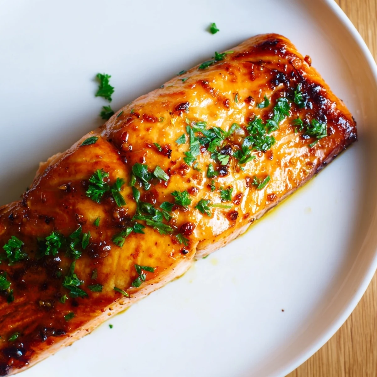Succulent Honey Garlic Glazed Salmon fillets brushed with buttery sauce, flaking easily with a fork for dinner.