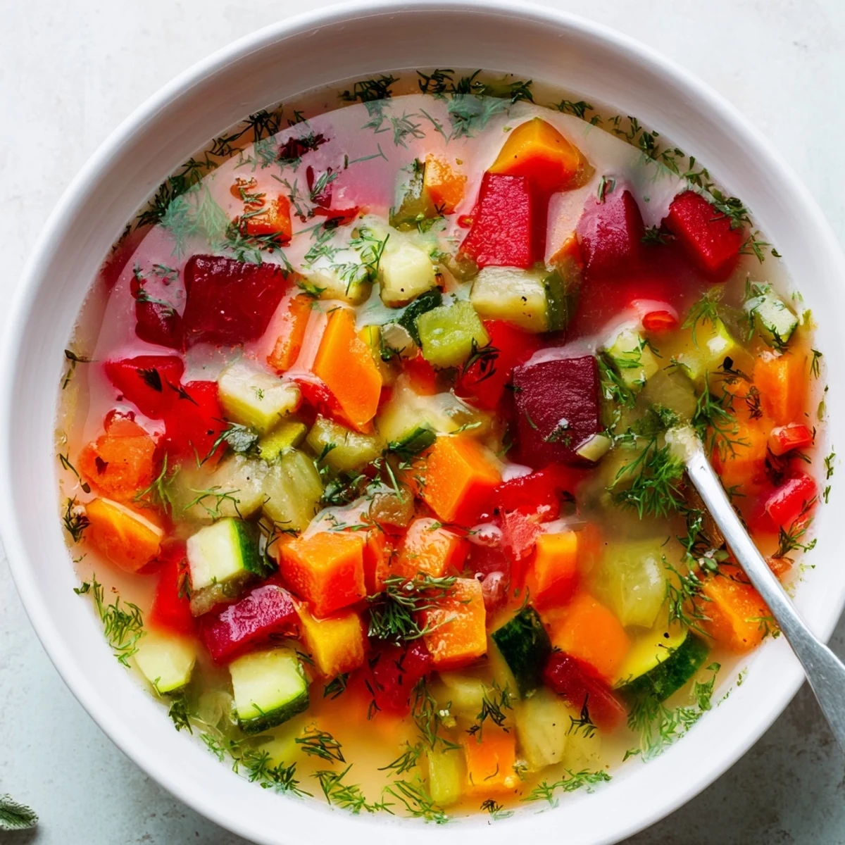 A vibrant bowl of Rainbow Vegetable Detox Soup, brimming with colorful chopped beets, carrots, zucchini, and fresh green herbs in a clear broth.