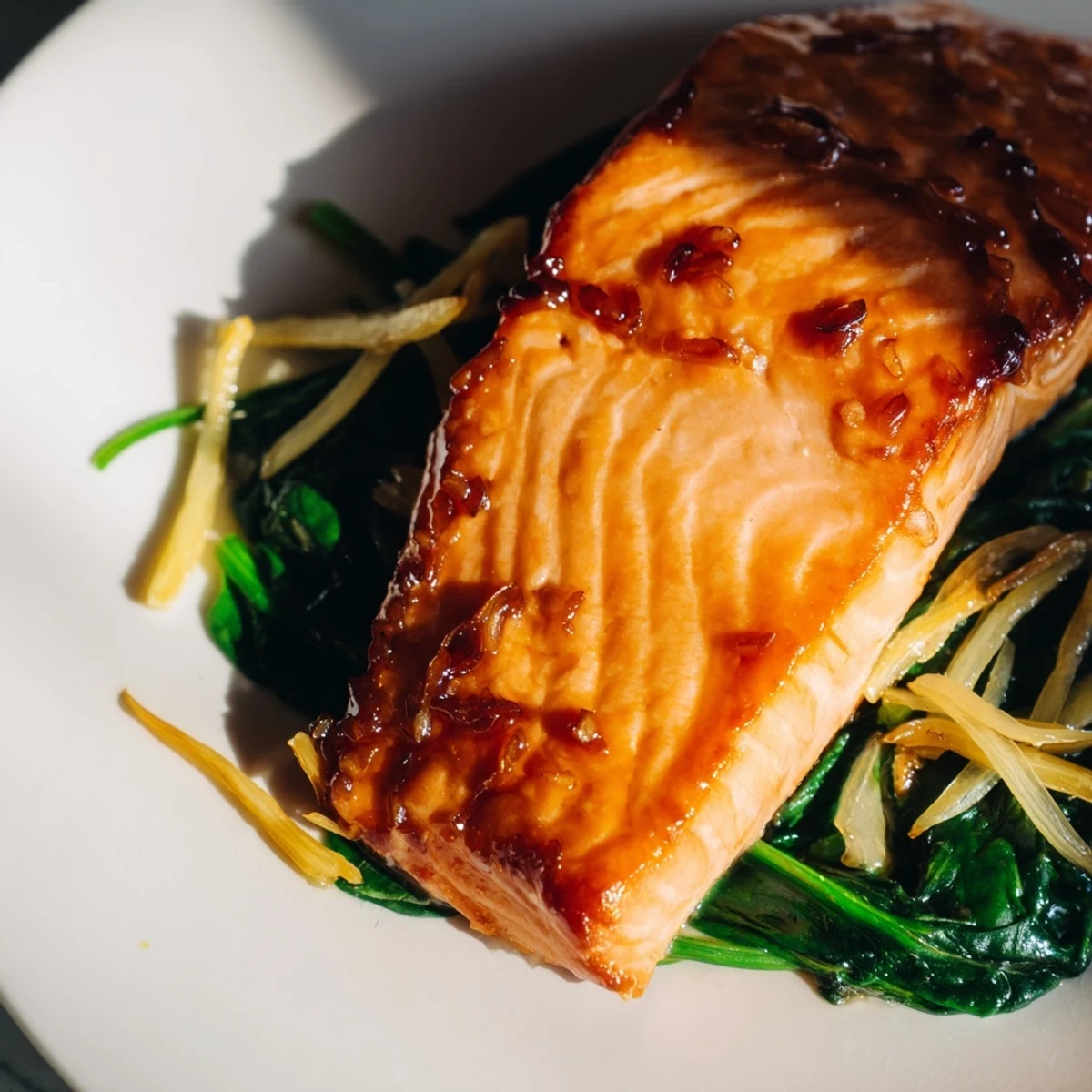 Golden-brown miso salmon fillets glistening with a sticky glaze rest on a vibrant bed of sautéed spinach, garnished with fresh ginger and lemon wedges.  