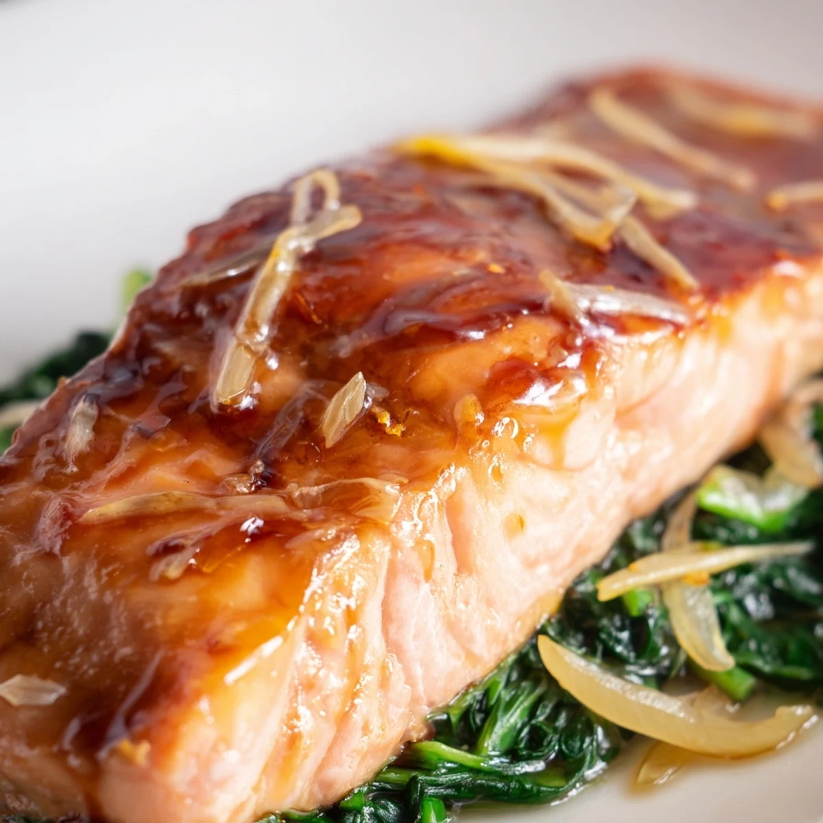 Close-up of glazed miso salmon flaking easily beside bright green spinach, served with lemon wedges for a fresh, Japanese-inspired finish.