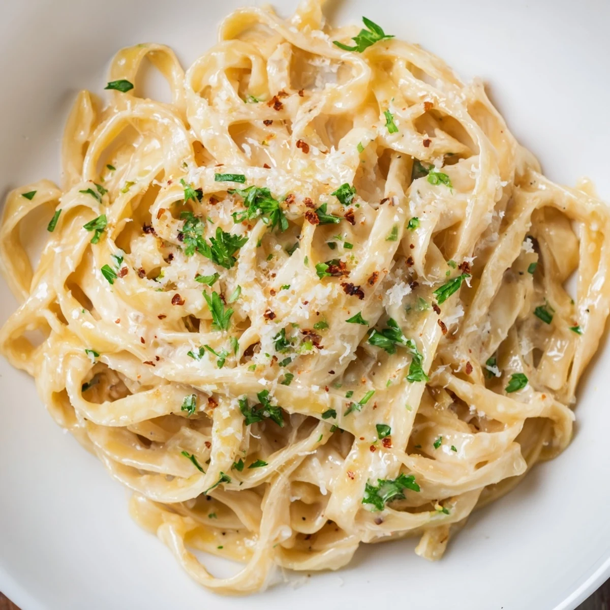 A close-up of fettuccine coated in a creamy, glossy sriracha honey pasta sauce, garnished with fresh parsley and parmesan cheese.