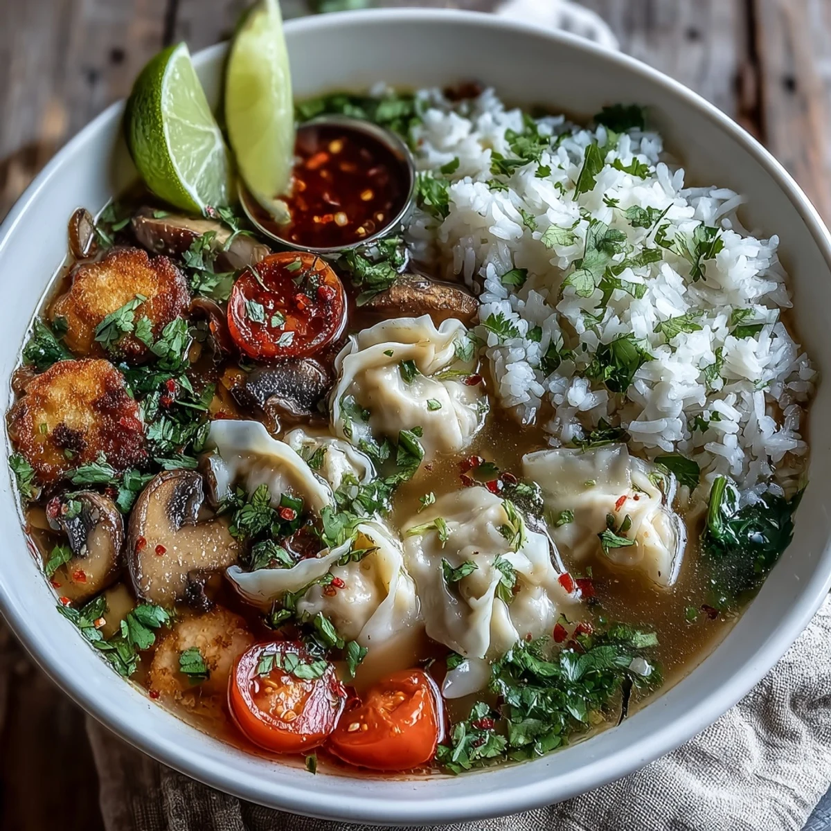 Tom Yum Wonton Soup steaming in a white ceramic bowl with vibrant red tomatoes and green bok choy.