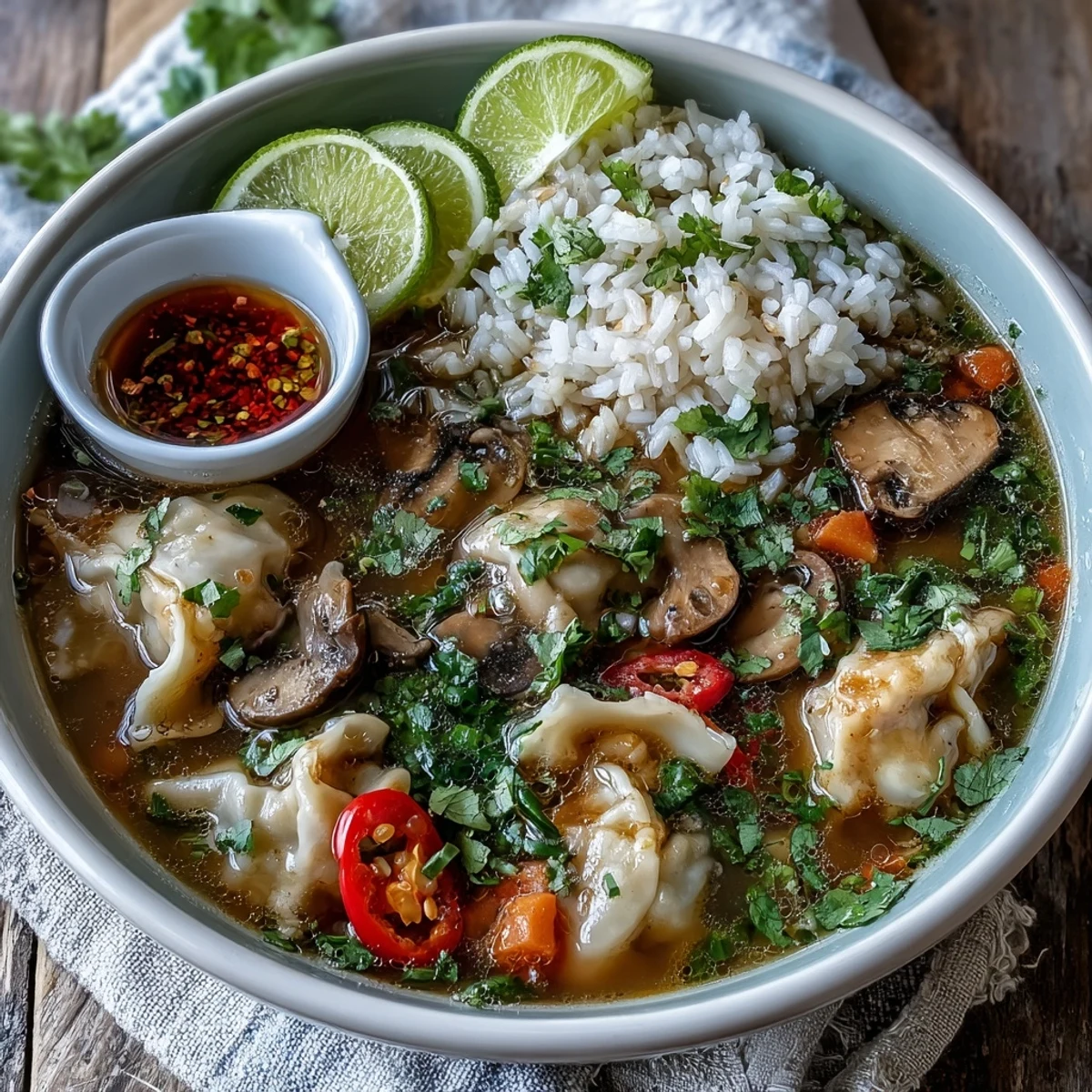 Spicy Tom Yum Wonton Soup with tender shrimp, mushrooms, and colorful garnishes in a rustic bowl.