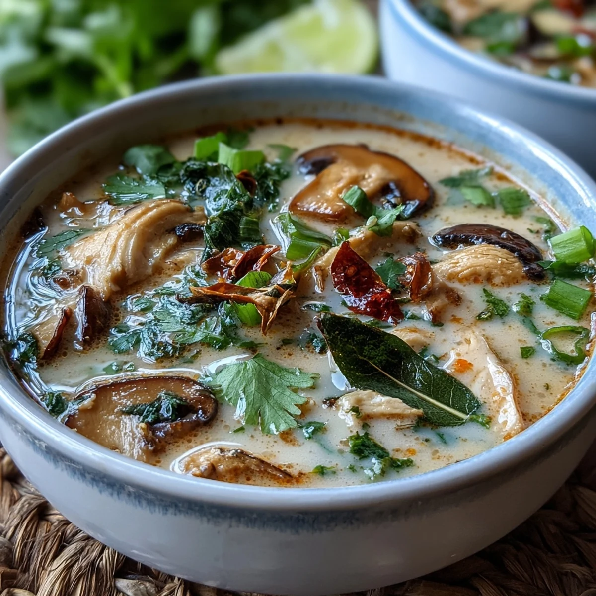 Garnished Authentic Tom Kha Gai soup in a white bowl, featuring tender chicken slices and straw mushrooms floating in creamy coconut broth with fresh cilantro.