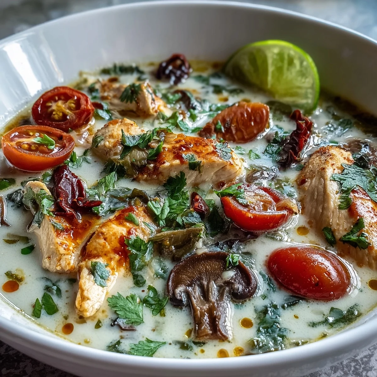 Best Ever Tom Kha Gai Soup steaming in a white bowl, garnished with cilantro and lime wedges.
