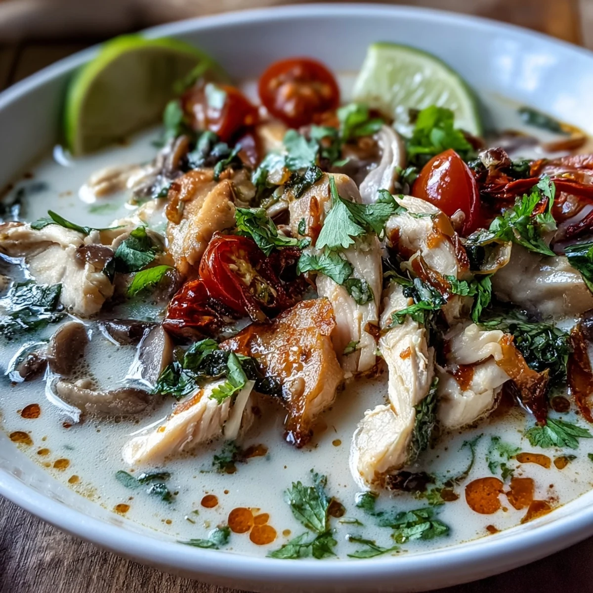 Served hot alongside jasmine rice, with chili and green onions topping this Thai soup.