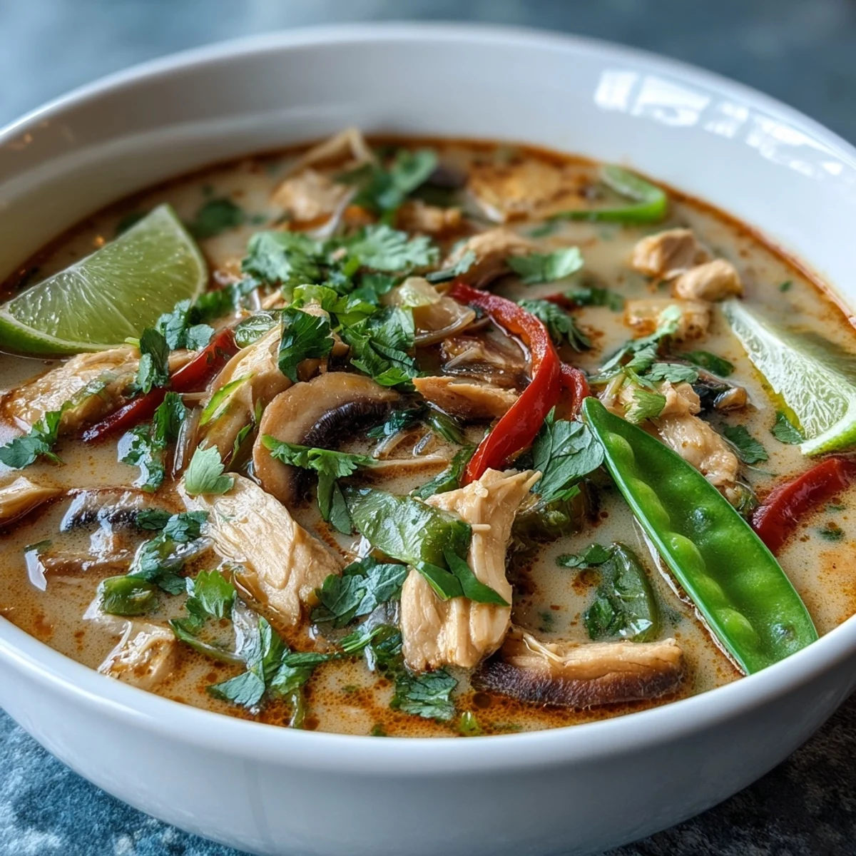 Creamy Thai Chicken Coconut Curry Soup with tender chicken, red peppers, and snow peas in a steamy broth.