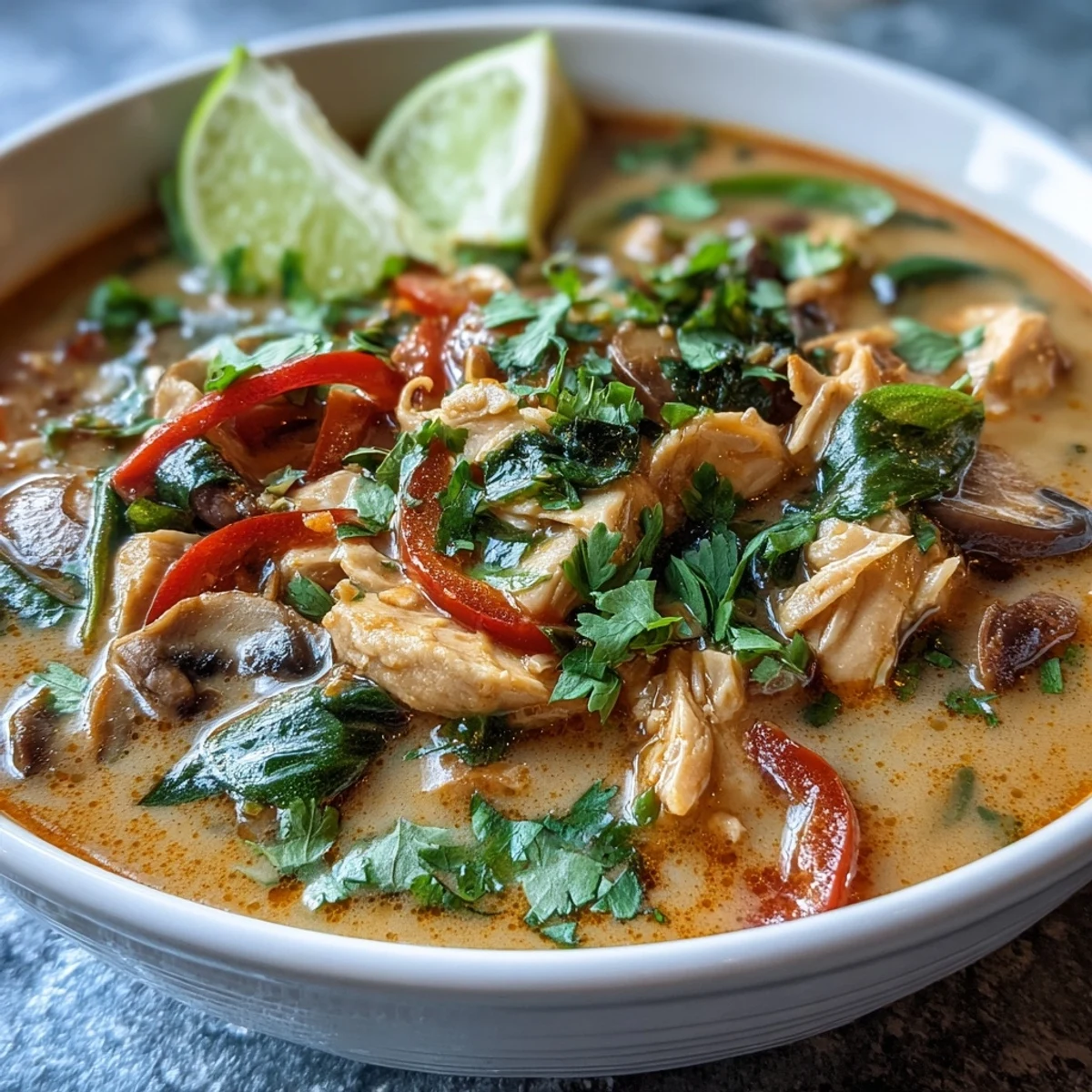 Spoon lifting a bite of Thai Chicken Coconut Curry Soup with mushrooms and vibrant vegetables from a rustic bowl.