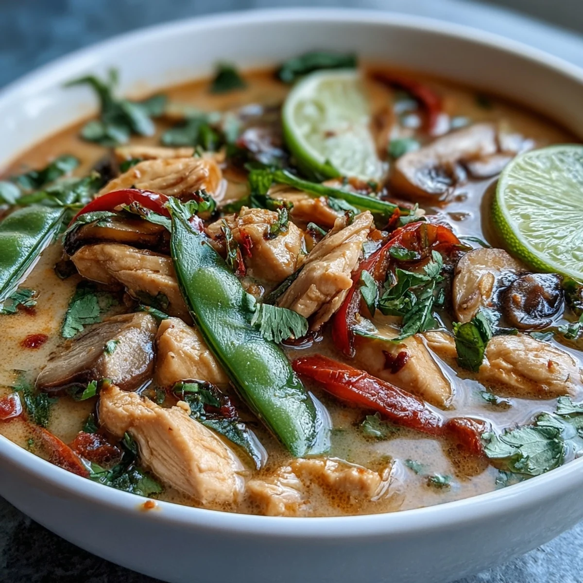 Spicy Thai Chicken Coconut Curry Soup garnished with fresh cilantro, Thai basil, and lime wedges next to chopsticks.