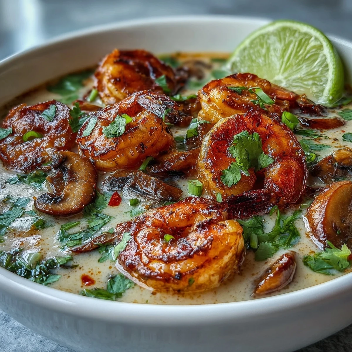 A ladle of creamy Thai Coconut Shrimp Soup with red curry, mushrooms, and succulent shrimp.