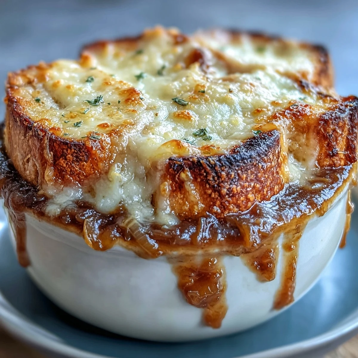 French Onion Soup served in a rustic bowl with melted Gruyère bubbling over crusty bread.