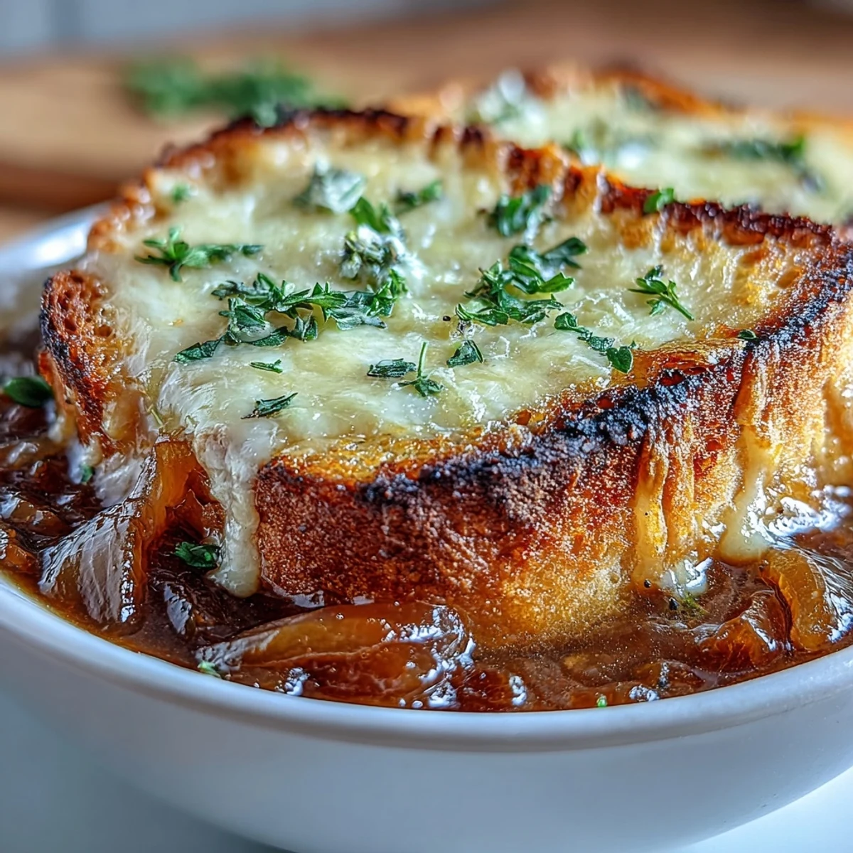 Fresh thyme garnish sits atop the cheesy crust of this classic French bistro dish.