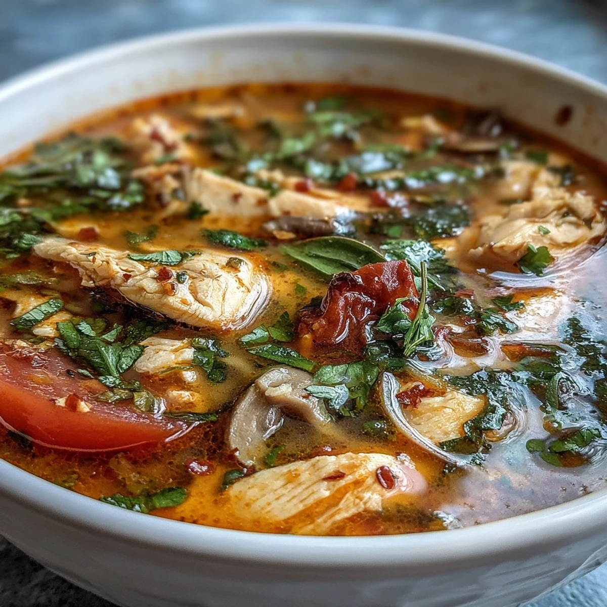 Steaming bowl of Tom Yum Chicken soup featuring tender chicken, mushrooms, and aromatic Thai herbs.