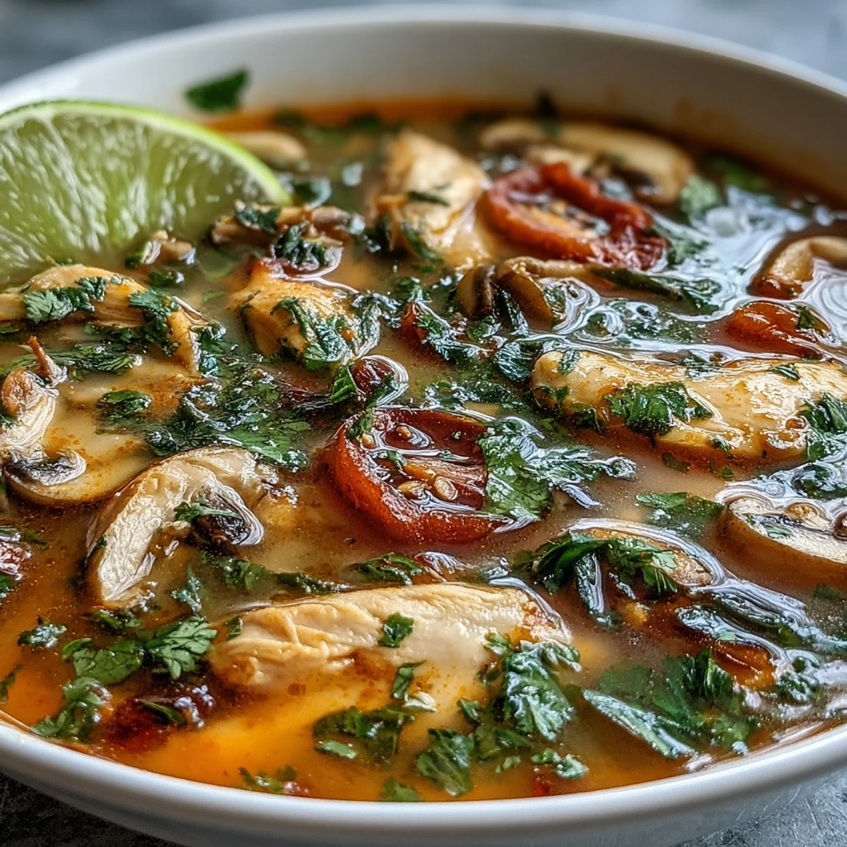 Garnished Tom Yum Chicken served with fresh cilantro, lime wedges, and chilies in a rustic ceramic bowl.