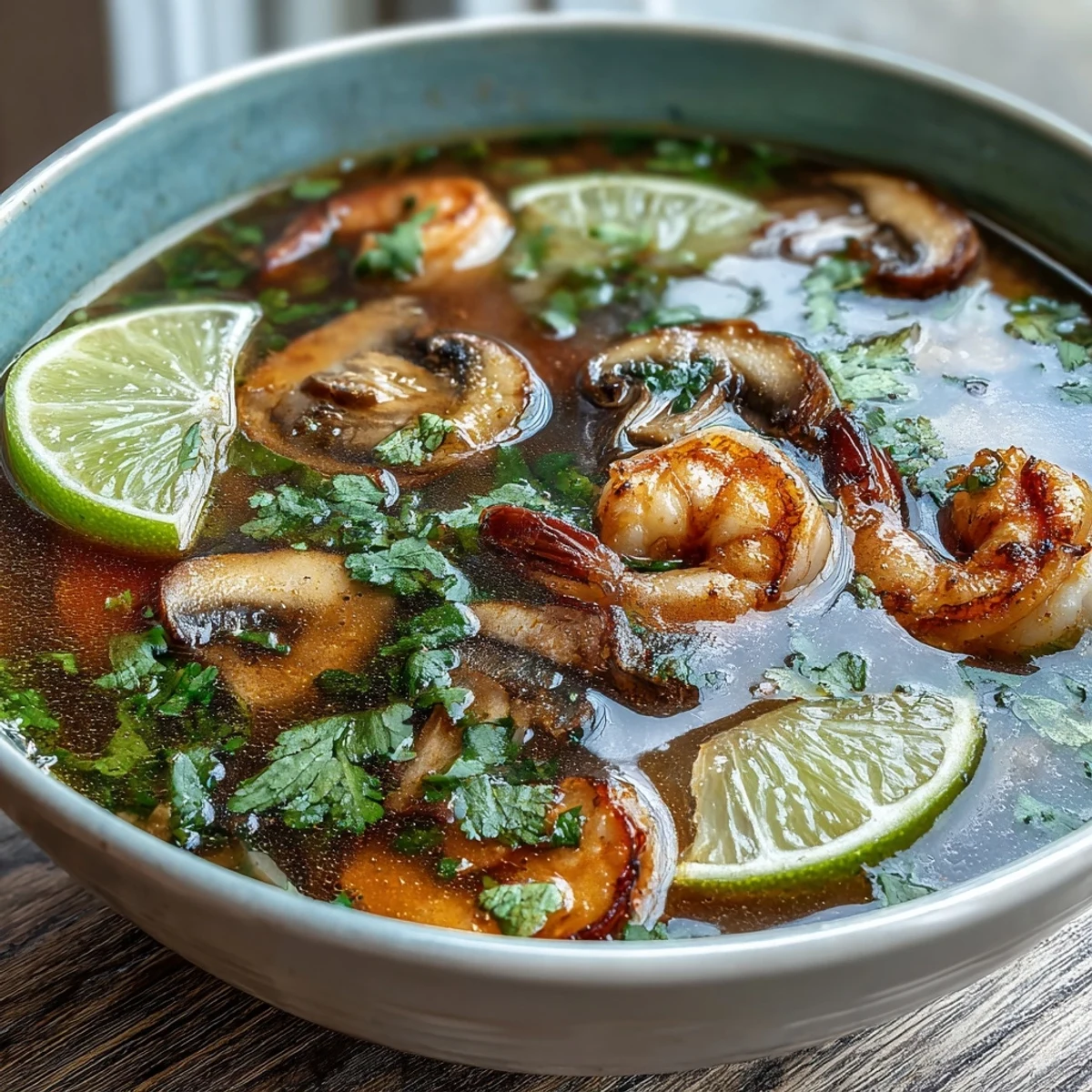 A close-up of steaming Tom Yum Soup with shrimp, mushrooms, and fresh cilantro garnish.