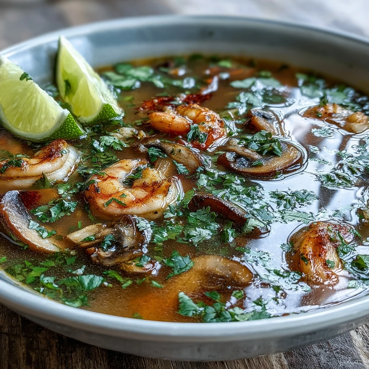 Hot Tom Yum Soup in a white bowl with vibrant tomatoes, Thai chiles, and lime wedges.