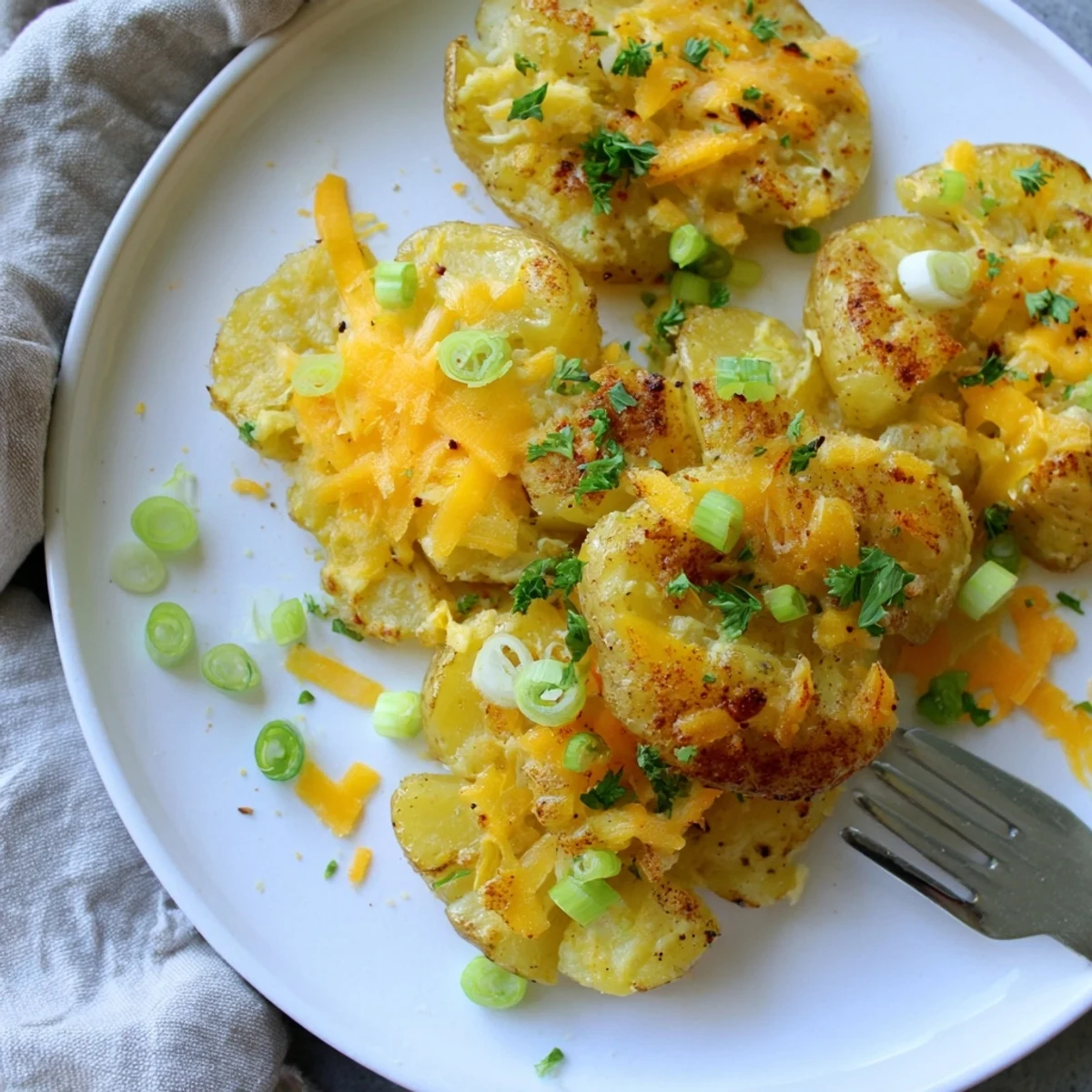 Golden brown smashed green onion potato bombs, perfect for dipping or snacking.  