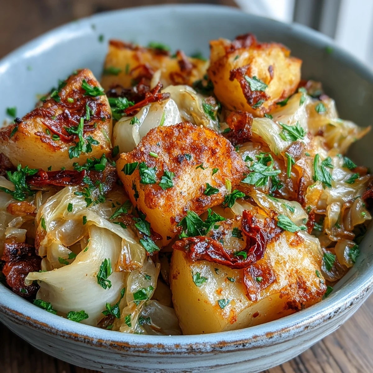 Braised Cabbage With Potatoes and Chili simmered in a rustic pot with tender potatoes and a touch of parsley garnish.