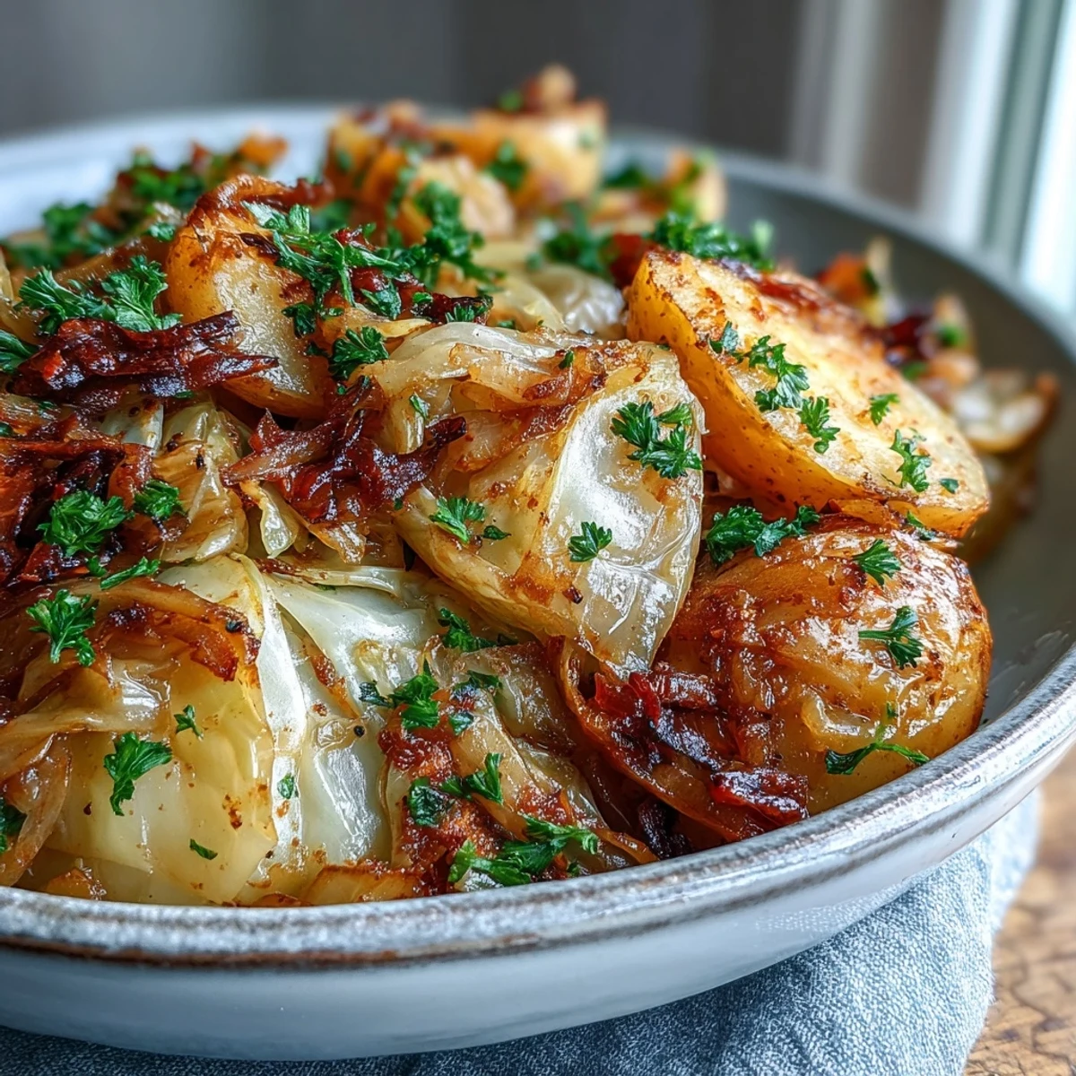 A close-up of Braised Cabbage With Potatoes and Chili showing soft cabbage, onions, and a gentle chili warmth ready to serve.