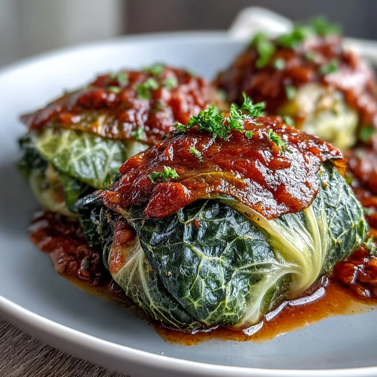 Golden-brown Baked Vegan Cabbage Rolls bubbling with rich tomato sauce in a white baking dish.