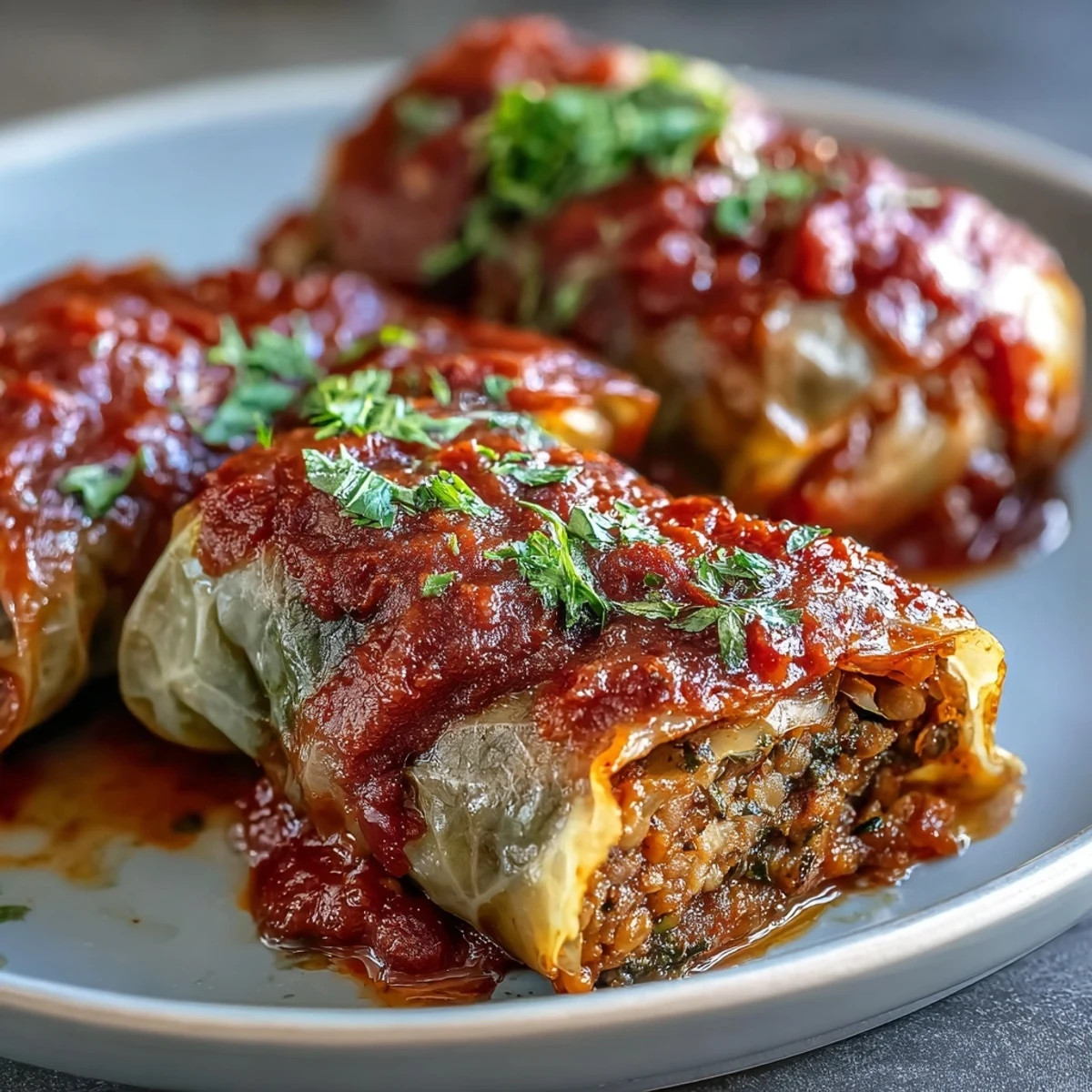 Tender cabbage leaves stuffed with lentils and brown rice, served alongside creamy mashed potatoes and crusty bread.