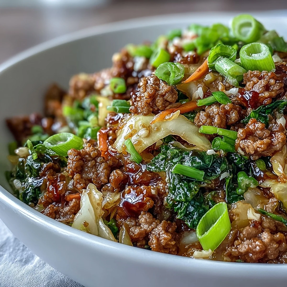 Stir-fried Chinese Ground Beef and Cabbage in a skillet, garnished with green onions, ready for a low-carb weeknight dinner.