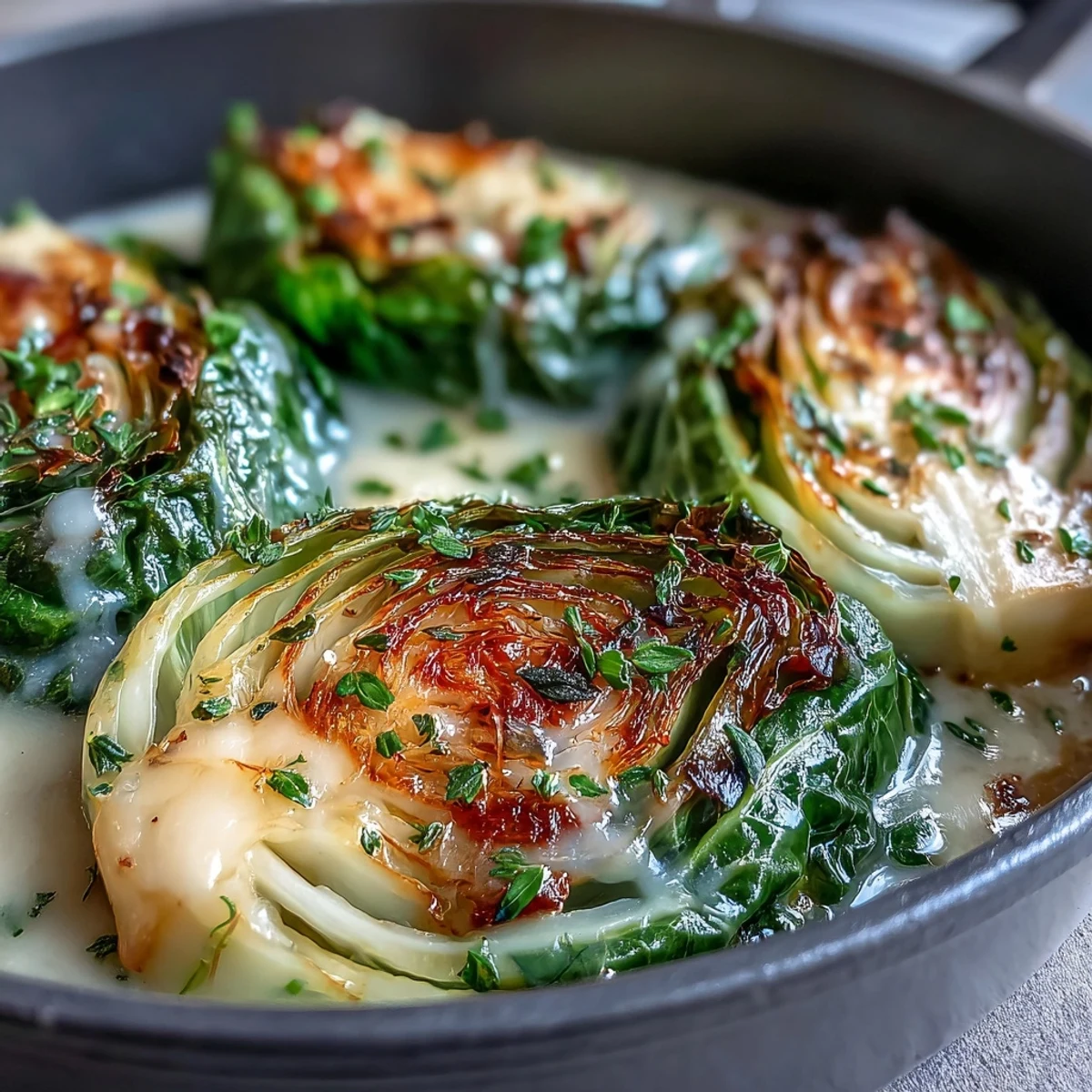 Steaming Herby Cabbage in Parmesan Broth served in a shallow bowl, garnished with fresh chives and parsley.