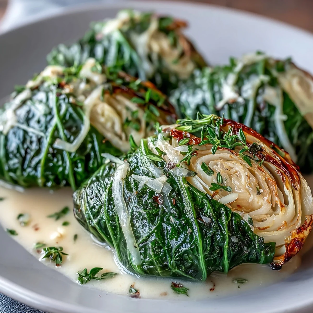 Golden Herby Cabbage in Parmesan Broth wedges simmering in a creamy, herb-infused broth inside a rustic pot.