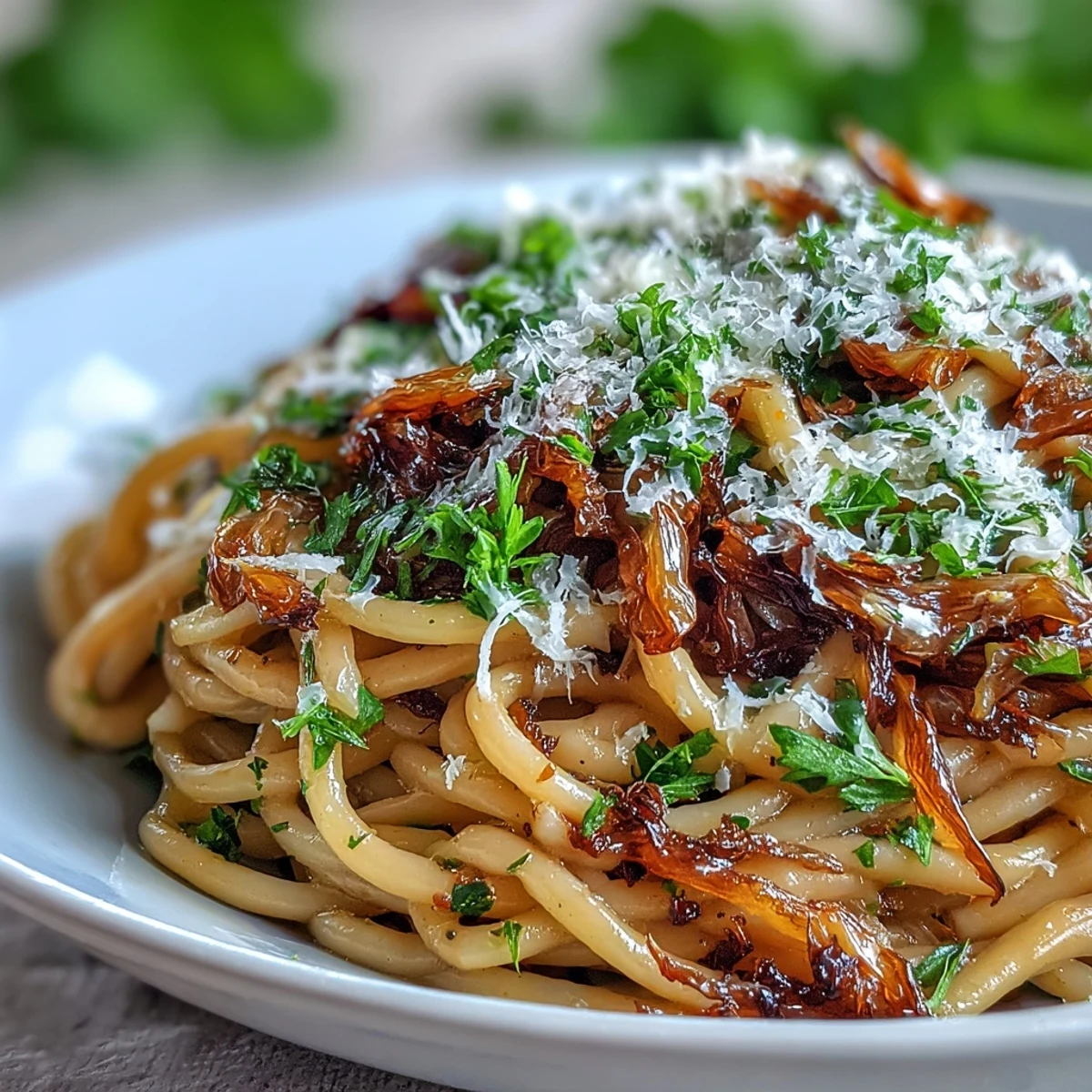 Golden caramelized cabbage and garlic toss with spaghetti, topped with freshly grated Parmesan and parsley.