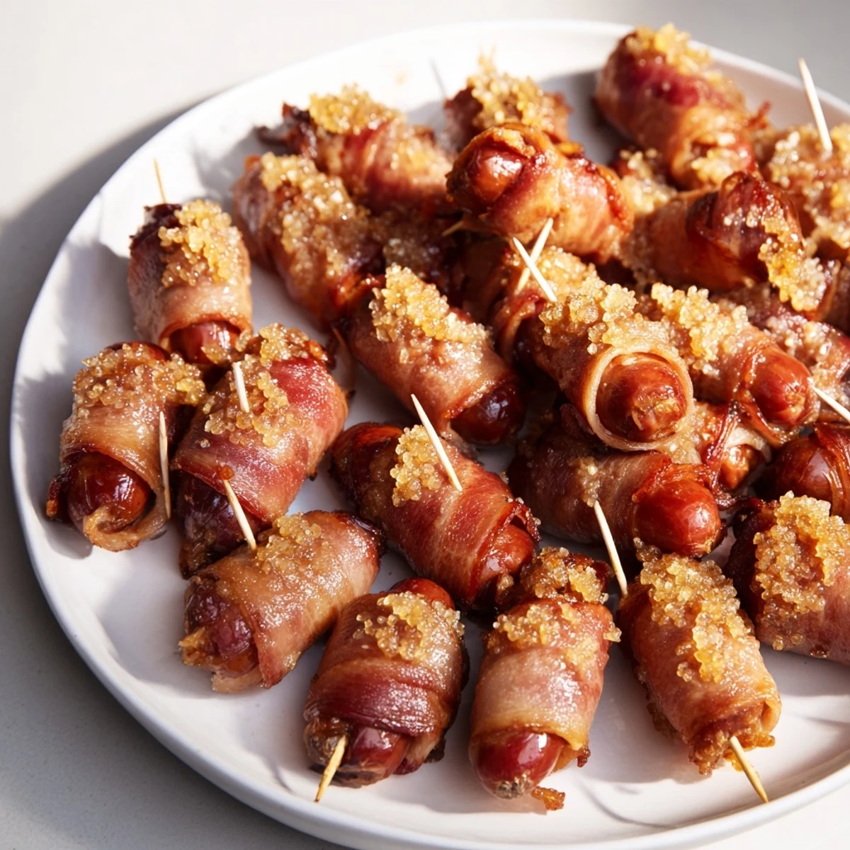 Crispy bacon-wrapped smokies, glistening with caramelized sugar, ready for a delicious appetizer.