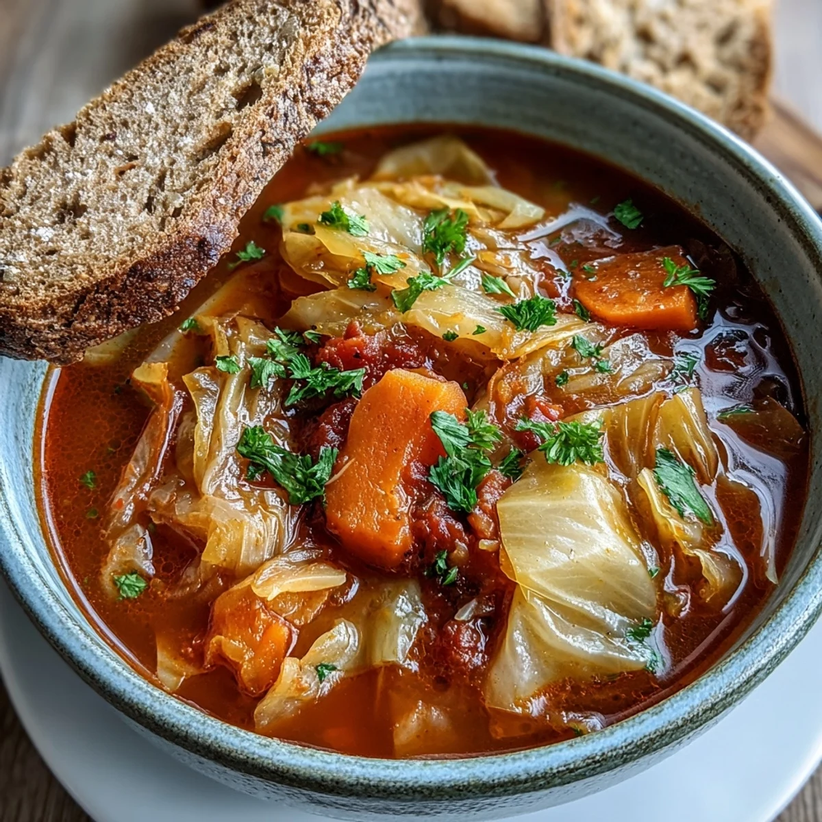 Freshly ladled Classic Cabbage Soup in a white ceramic bowl, garnished with bright parsley, ideal for pairing with rye bread on cold days.