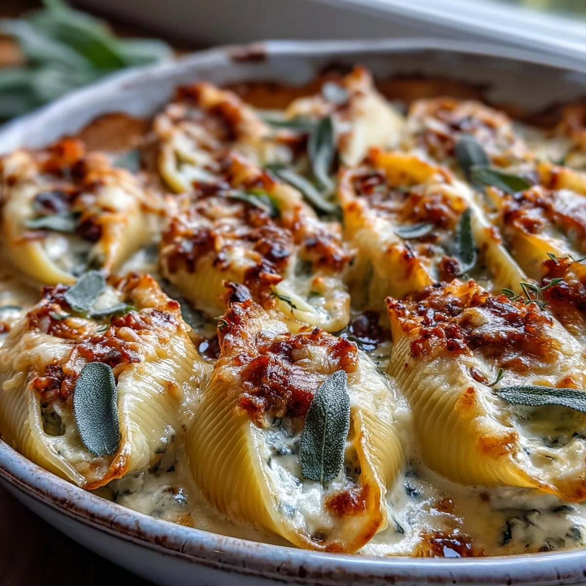 Golden brown Pumpkin & Gouda Stuffed Shells are garnished with crispy sage leaves resting in creamy Alfredo sauce. 