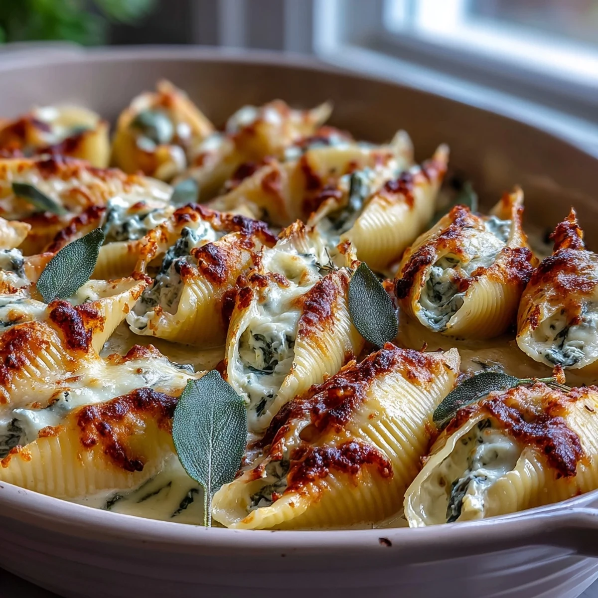 A dinner plate serving Pumpkin & Gouda Stuffed Shells alongside a fresh green salad for a complete autumn meal.