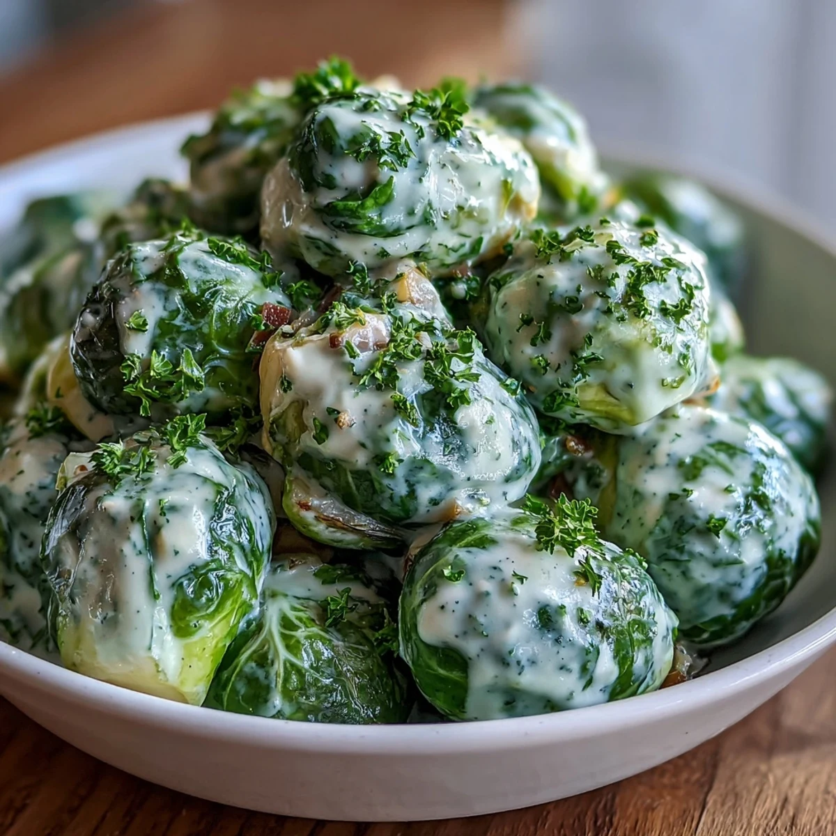 Roasted Brussels sprouts coated in a creamy Dijon mustard sauce, served warm as a savory vegetarian side dish.