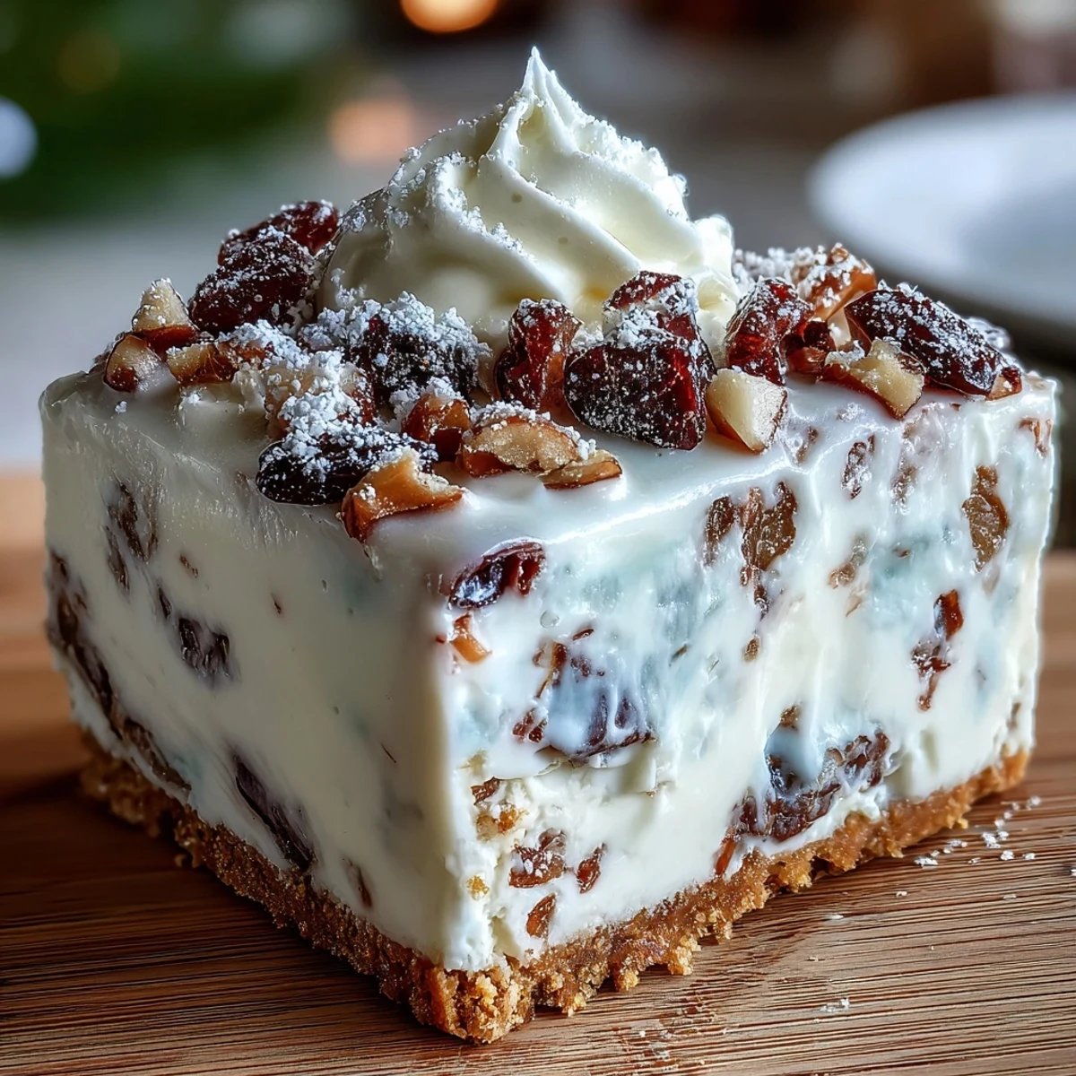 Christmas Cheesecake Slab squares topped with whipped cream and icing sugar dusting on a wooden board.