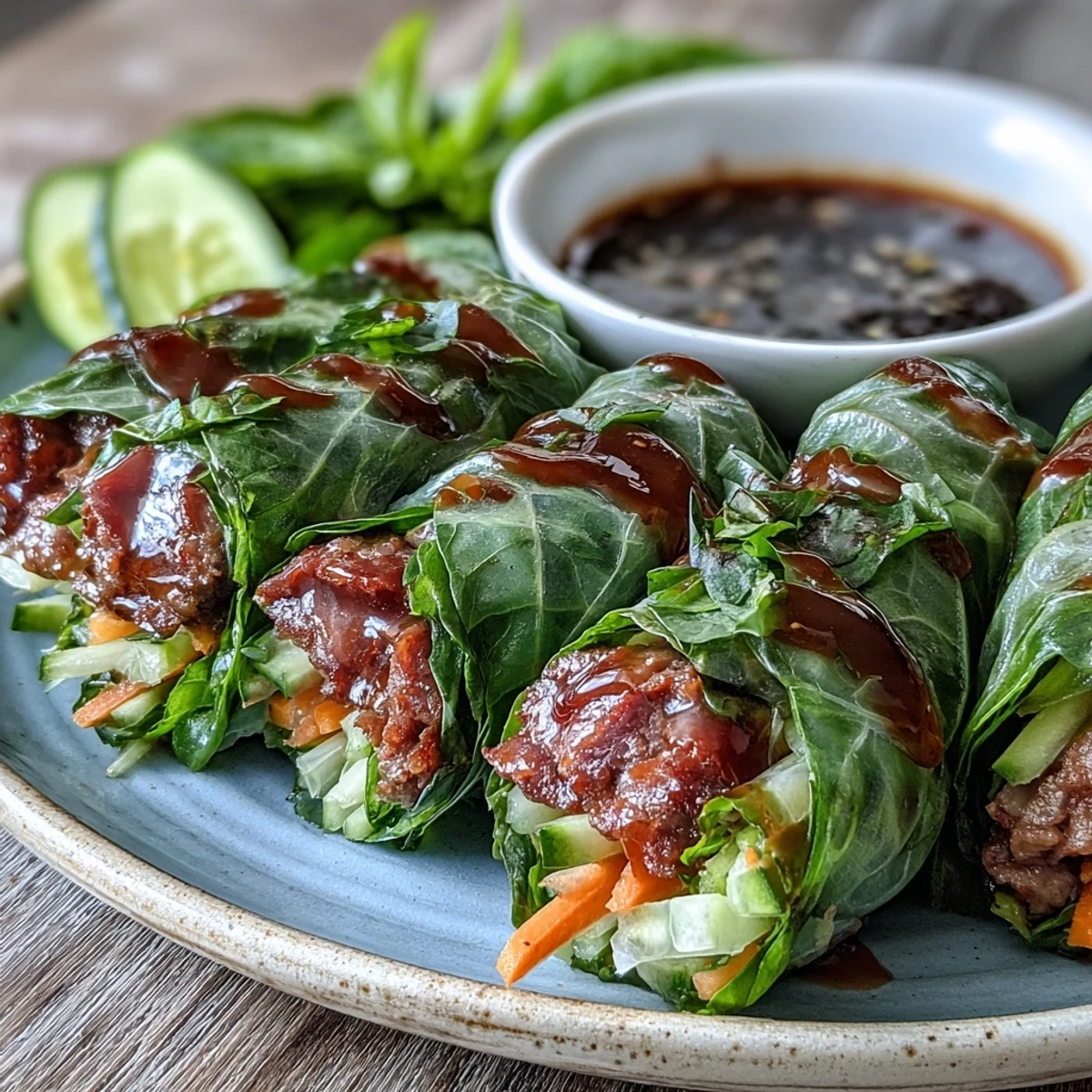 Thai Basil Beef Rolls stacked on a plate with a small dipping bowl, featuring golden beef and fresh vegetables. 