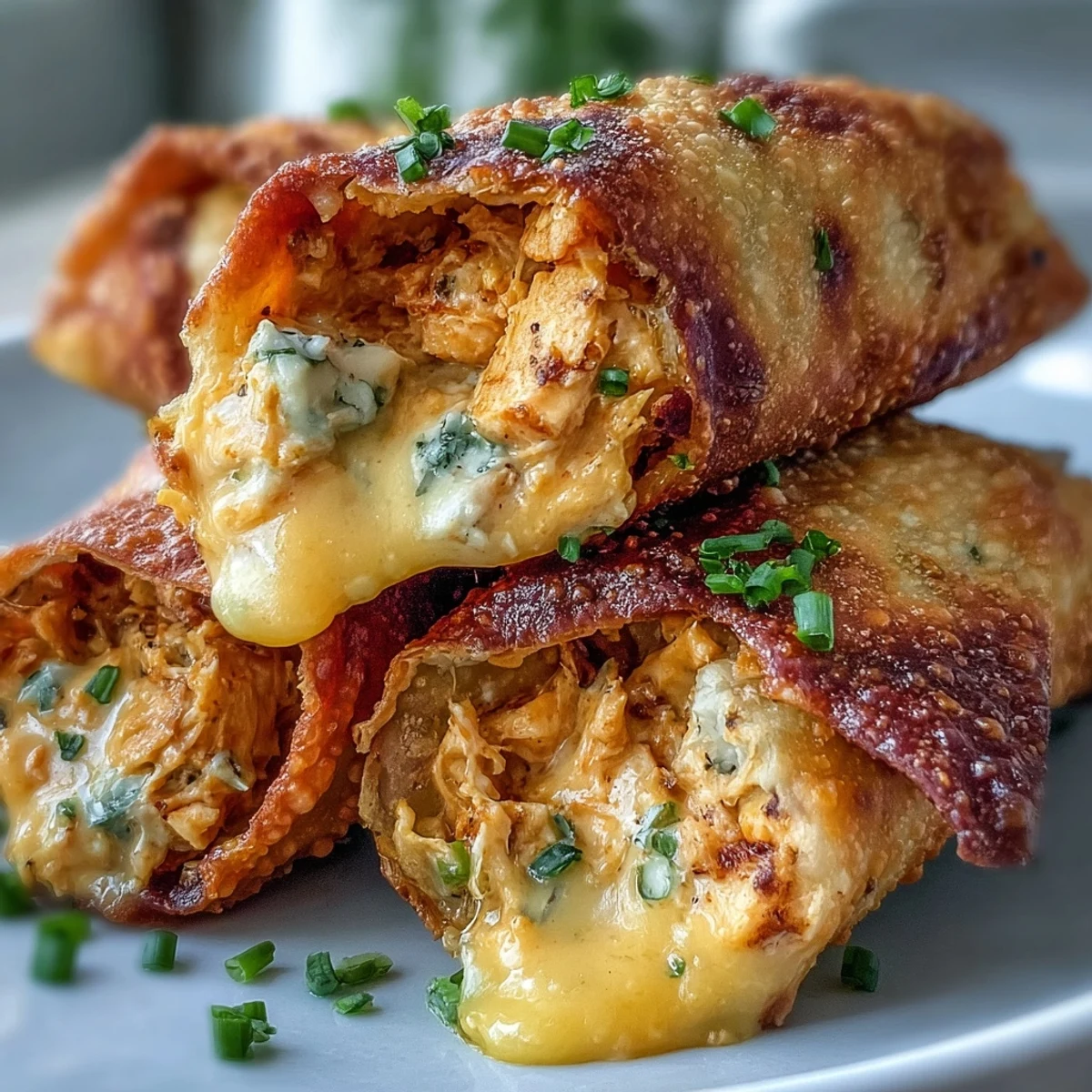 Crispy fried egg rolls filled with creamy buffalo chicken and melty cheddar cheese, garnished with fresh green onions.