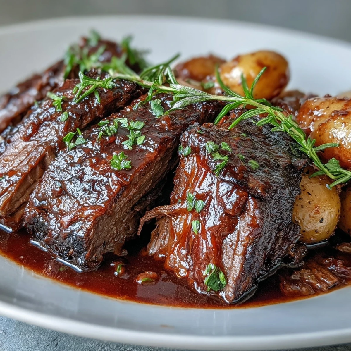 Golden-brown beef pot roast with tender carrots and potatoes in rich red wine gravy on a rustic platter.