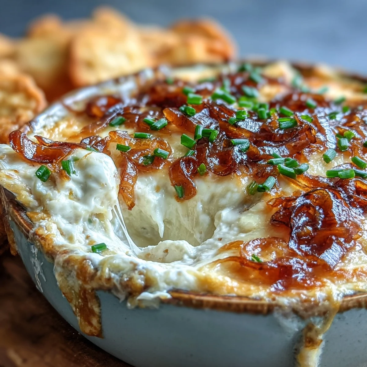 Bubbling Smoked Gouda & Onion Dip fresh from the oven, golden and topped with fresh chives.