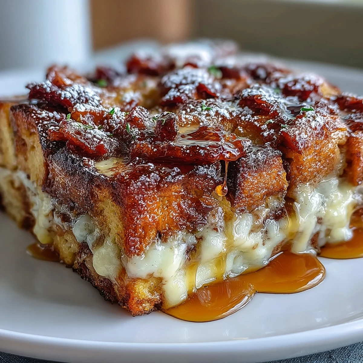 A close-up of Monte Cristo Breakfast Casserole, featuring golden baked bread, melted Swiss cheese, and a powdered sugar dusting.